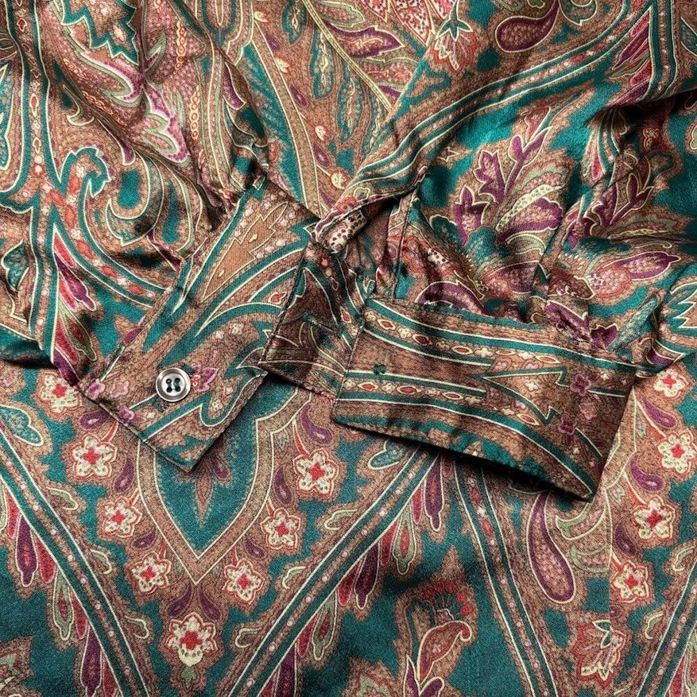 VTG RUSS Paisley Print Tie Neck Blouse Faux Silk Shirt Gold Green Womens Size 16 - Picture 10 of 12